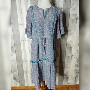 Rungolee Large Silk Floral Tiered Hem Cottage Core Midi Dress